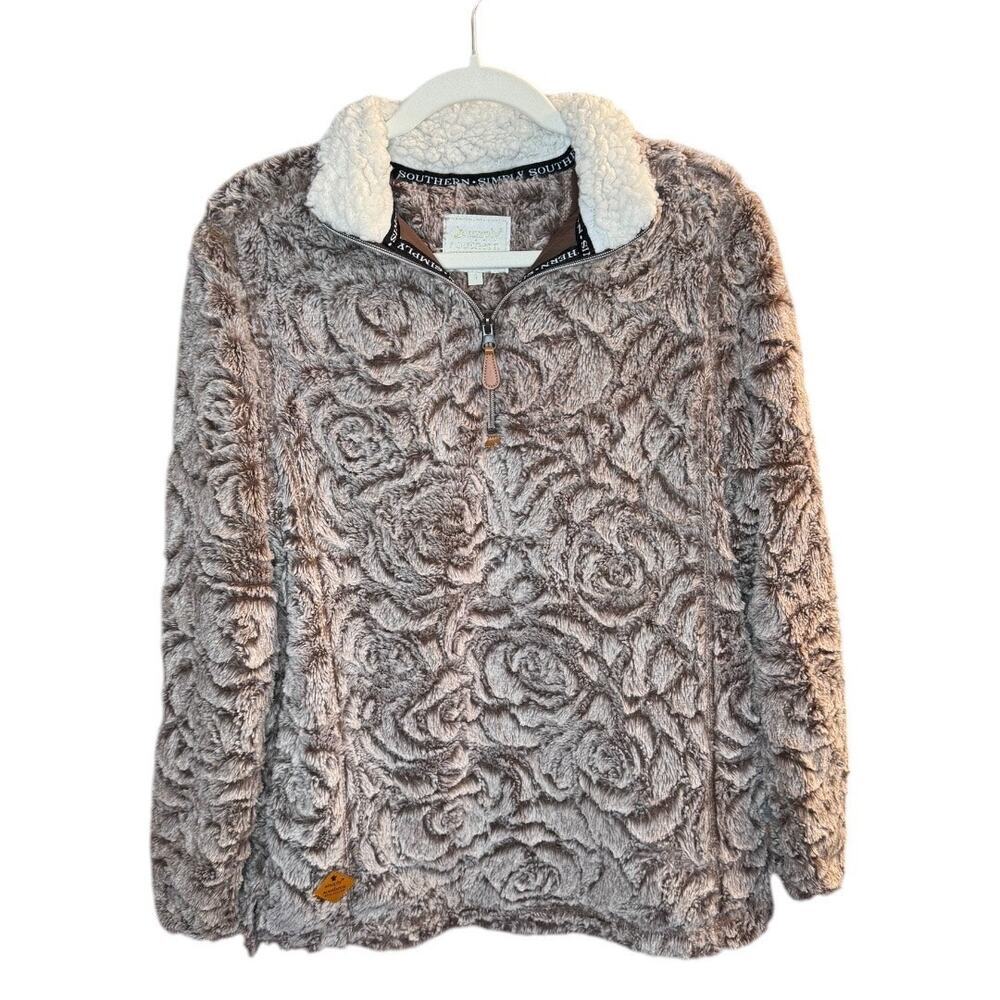 Simply Southern Garden Sherpa Pull-Over in Brown and Cream - Size Small